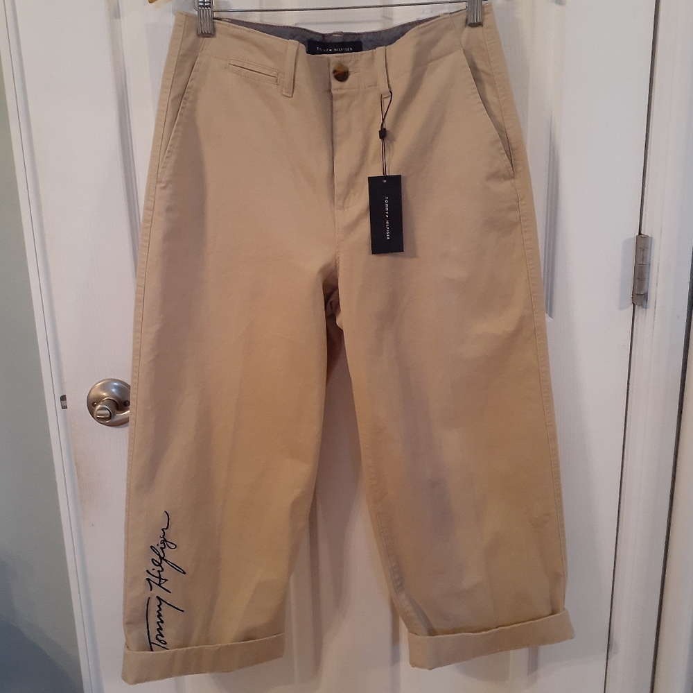 Tommy Hilfiger Women's Roll Up Tan Beachy Skater Wide Leg Capri Pants Sz 10 NWT